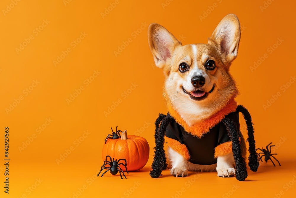 Corgi dressed in a spider costume with Halloween decor on an orange background Corgi dressed in a spider costume with Halloween decor on an orange background