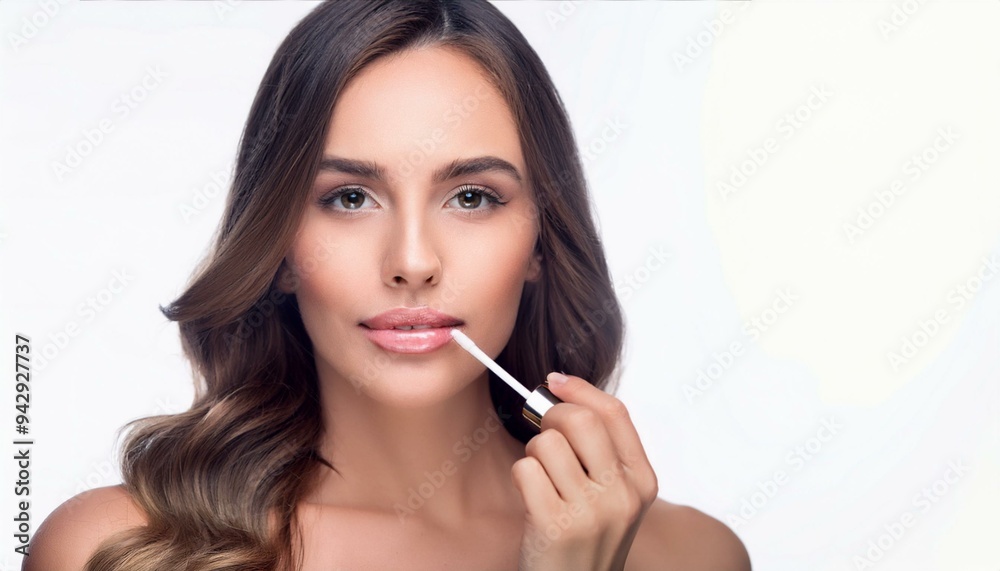 A lip gloss being used on the lips of a beautiful young woman A lip gloss being used on the lips of a beautiful young woman