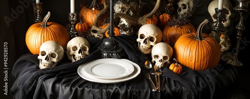 Chilling display with skulls and pumpkins on a black cloth with a white plate. photo