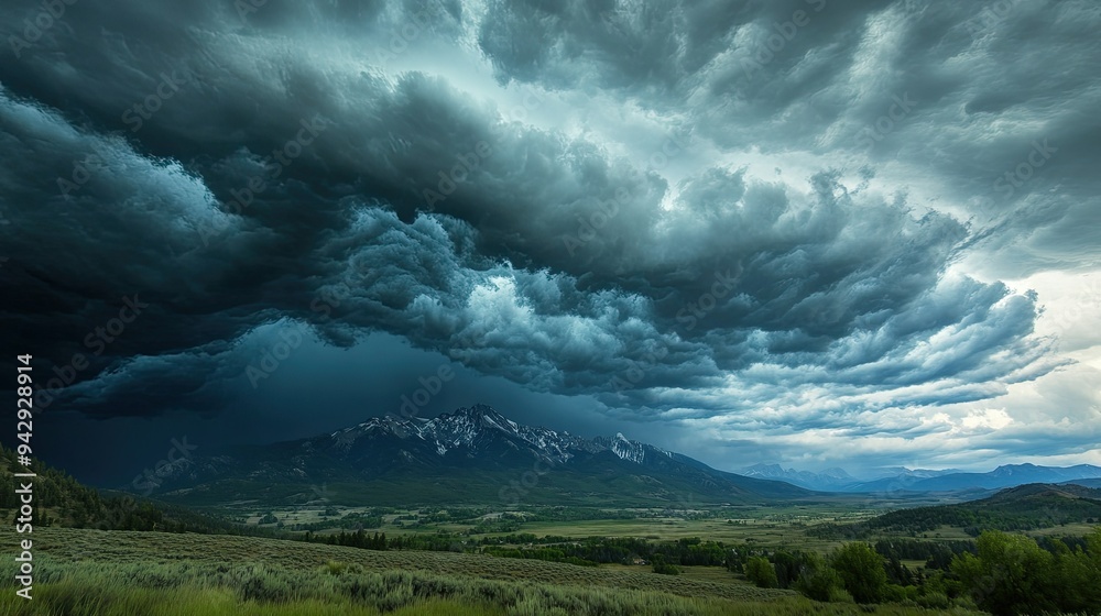 Fototapeta premium Dramatic storm clouds over a mountain range, with plenty of room for text.