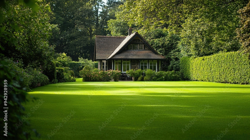 Obraz premium Elegant garden house in a manicured lawn, ideal for adding text.