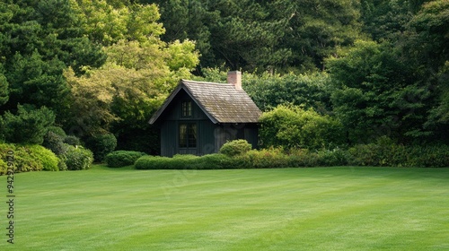 Elegant garden house in a manicured lawn, ideal for adding text.