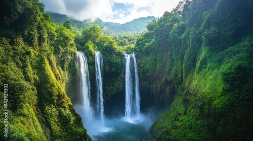 Elegant waterfall in a mountain valley, with abundant space for text.