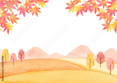紅葉と秋の風景　水彩イラスト