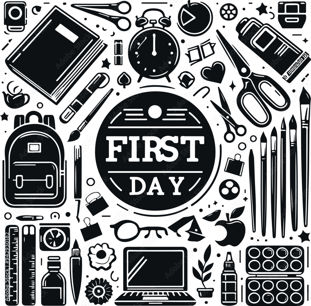 Obraz premium Back to School Education concept black glyph Scissors, Laptop, Glasses Book Backpack, Paint Icon Kit