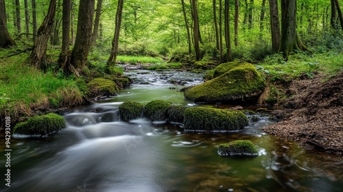 Gentle stream in a European woodland, ideal for adding copy space.