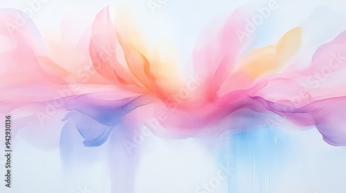 A painting of a flower with pink, yellow, and blue colors. The painting has a dreamy and whimsical mood, with the colors blending together to create a sense of movement and fluidity