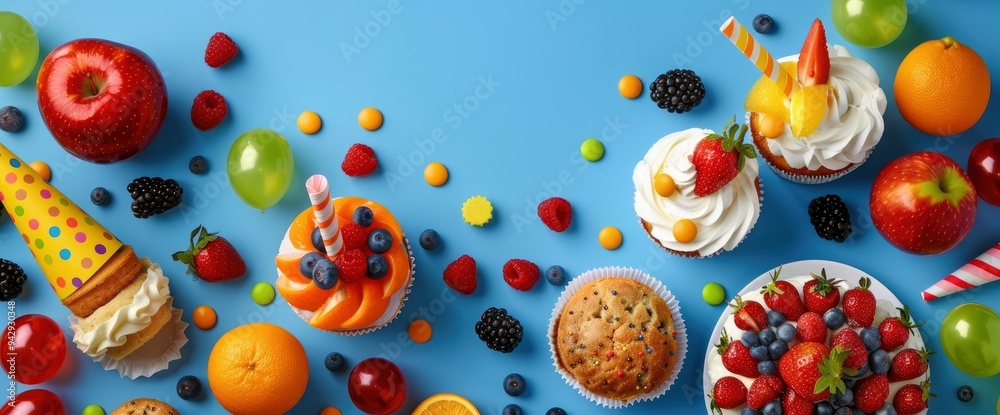 Colorful Birthday Party Treats with Cupcakes, Fruits, and Balloons Colorful Birthday Party Treats with Cupcakes, Fruits, and Balloons