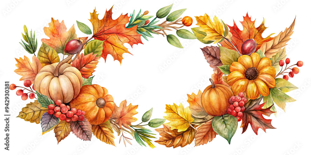Fototapeta premium Autumn wreath, watercolor clipart illustration with isolated background