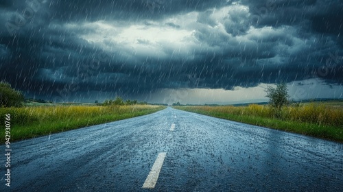 Heavy rain falling on a deserted road under dark storm clouds, with space for text.