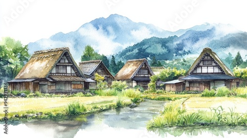 Watercolor painting of traditional thatched-roof Japanese houses in rice fields with mountains in the background