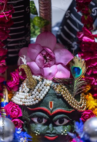 Shivling or shiv lingam decorated with colours and flowers to worship lord shiv. Selective focus.