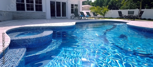 Detailed UHD 4K shot of a complete pool replastering project with tiled finish. photo