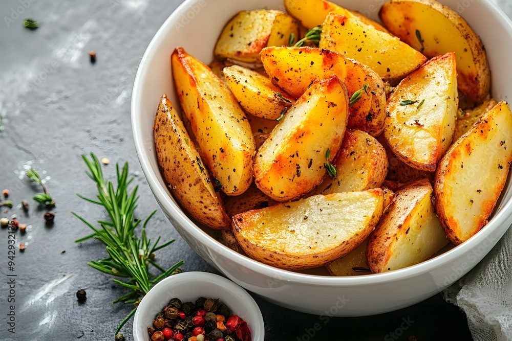 Potato Wedges in a White Bowl with Herbs Potato Wedges in a White Bowl with Herbs