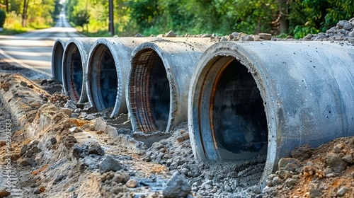 Urban road infrastructure featuring the installation of concrete drainage pipes for efficient water and sewage disposal, captured in UHD 4K sharp clarity.