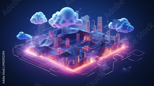 3D isometric cloud infrastructure with data flow across multiple platforms