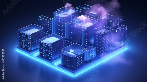 3D isometric data center with servers connected to cloud storage