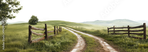 Road through grassfield border landscape grassland outdoors isolated against transparent background. Natural concept photo