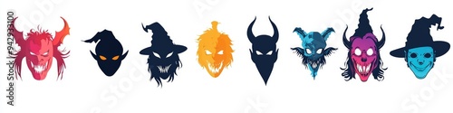 Extensive collection of witch and demon mask silhouettes for Halloween, isolated on white. photo