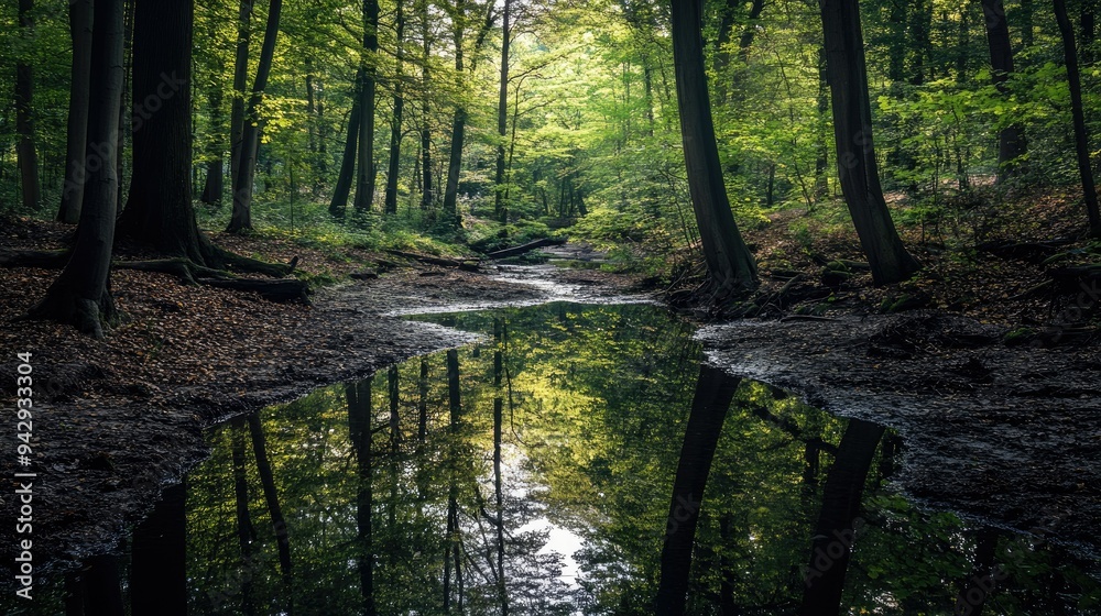 Peaceful European stream reflecting the surrounding trees, perfect for copy space. Peaceful European stream reflecting the surrounding trees, perfect for copy space.