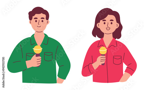 Female and Male Reporter Journalist Holding Microphone