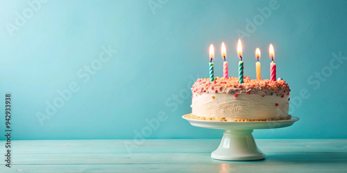 birthday cake with 5 (five) candles on pastel blue background with copyspace