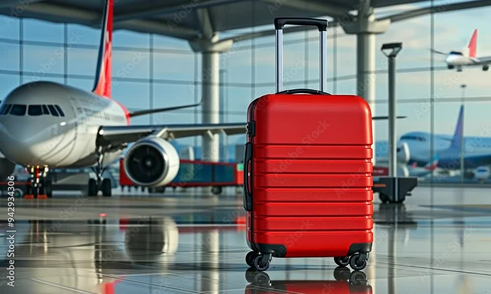 As the sun sets, a bright red suitcase stands alone in the bustling airport terminal. Airlines come and go, while travelers pass by, creating a lively travel ambiance that sparks adventure As the sun sets, a bright red suitcase stands alone in the bustling airport terminal. Airlines come and go, while travelers pass by, creating a lively travel ambiance that sparks adventure
