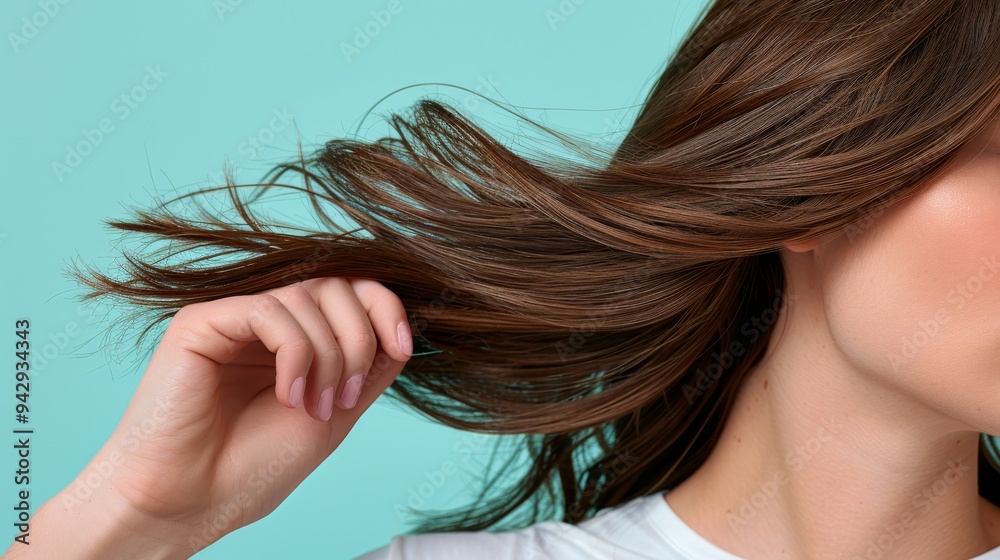 A woman touches her long, dry hair with one hand while standing in front of a mint-colored backdrop. The image emphasizes the importance of hair care and healthy hair management A woman touches her long, dry hair with one hand while standing in front of a mint-colored backdrop. The image emphasizes the importance of hair care and healthy hair management