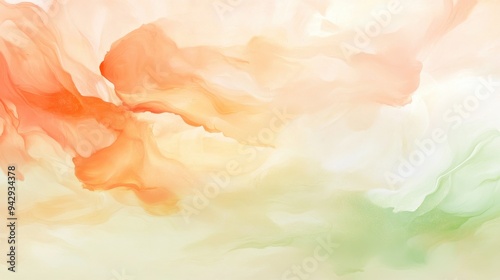 A painting of a sky with orange and green colors. The painting has a feeling of warmth and happiness