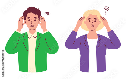 Woman and Man Feels Dizzy Suffer from Migraine Overwork