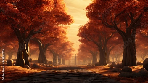 A pathway lined with towering dollar trees in autumn