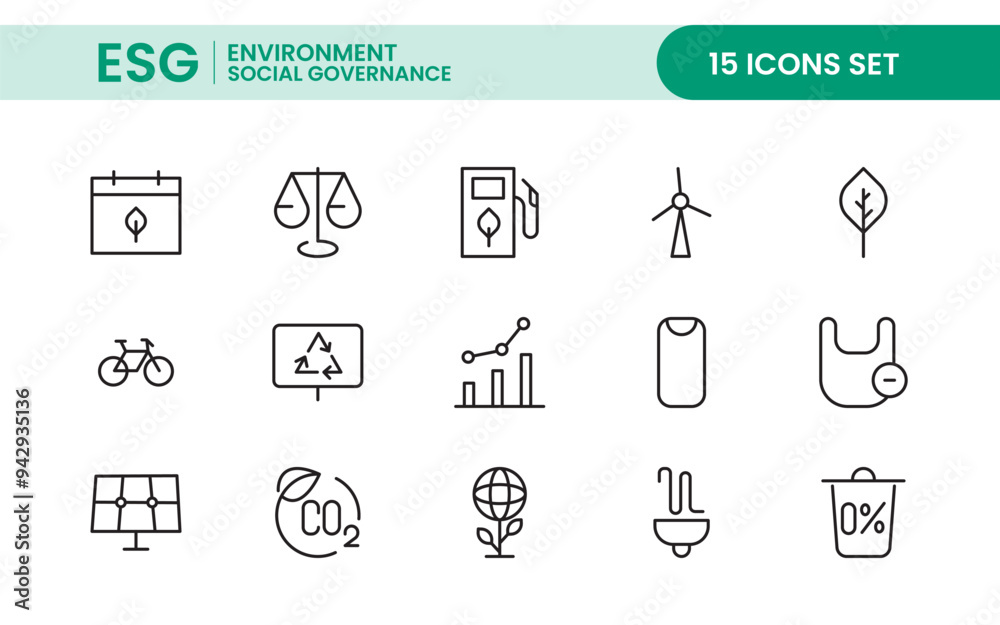 ESG flat editable line icon set. Vector line icon collection related to ecology, environment social governance, risk management, sustainable developmen and more. ESG flat editable line icon set. Vector line icon collection related to ecology, environment social governance, risk management, sustainable developmen and more.