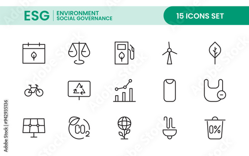 ESG flat editable line icon set. Vector line icon collection related to ecology, environment social governance, risk management, sustainable developmen and more.