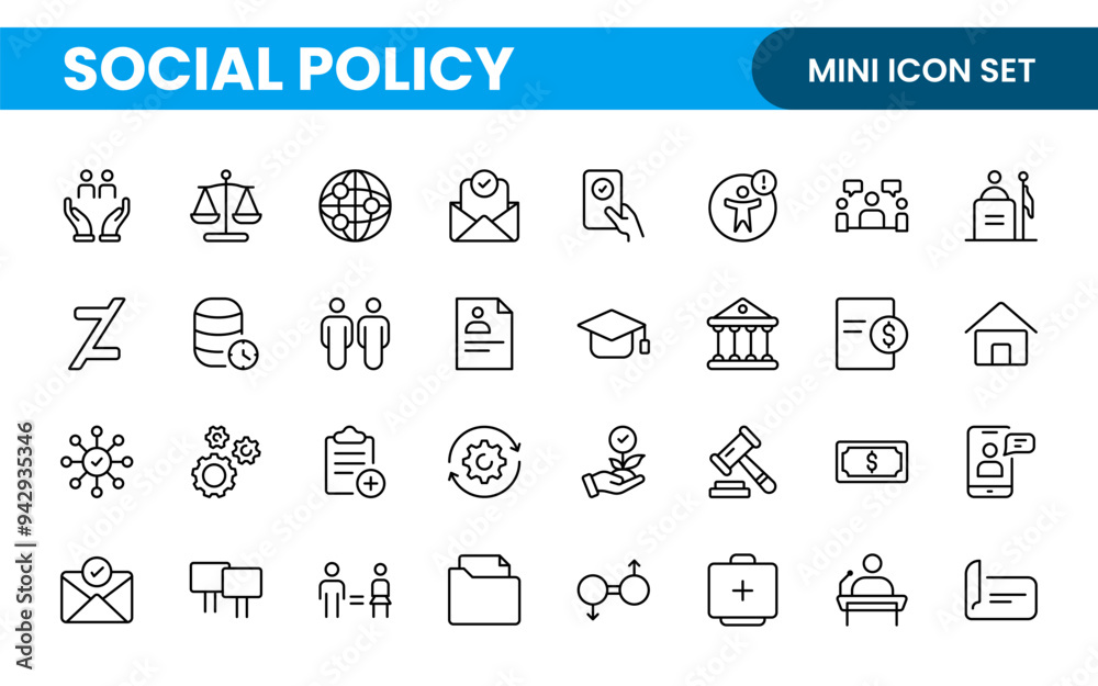 Set of Social Policy and Insuranceline icons. editable line icon collection related to education, insurance, law, goverment and more. Set of Social Policy and Insuranceline icons. editable line icon collection related to education, insurance, law, goverment and more.