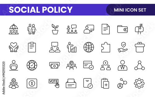 Set of Social Policy and Insuranceline icons. editable line icon collection related to education, insurance, law, goverment and more.