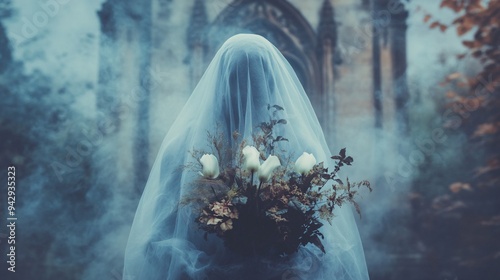 A ghostly apparition with a bouquet of spooky flowers, set against a backdrop of a haunted mansion and fog photo