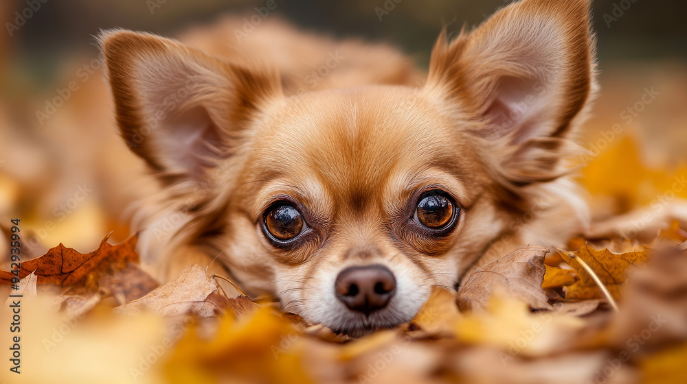 A close-up portrait of a brown Chihuahua lying among fallen autumn leaves. --ar 16:9 --v 6.1 Job ID: f2055bb4-e22e-4327-bce8-8ffa62d6c3aa A close-up portrait of a brown Chihuahua lying among fallen autumn leaves. --ar 16:9 --v 6.1 Job ID: f2055bb4-e22e-4327-bce8-8ffa62d6c3aa