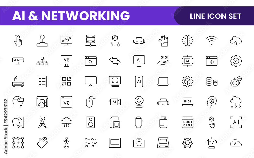 Artificial intelligence and Networking technology icon set. AI and networking editable line icon illustration. Artificial intelligence and Networking technology icon set. AI and networking editable line icon illustration.
