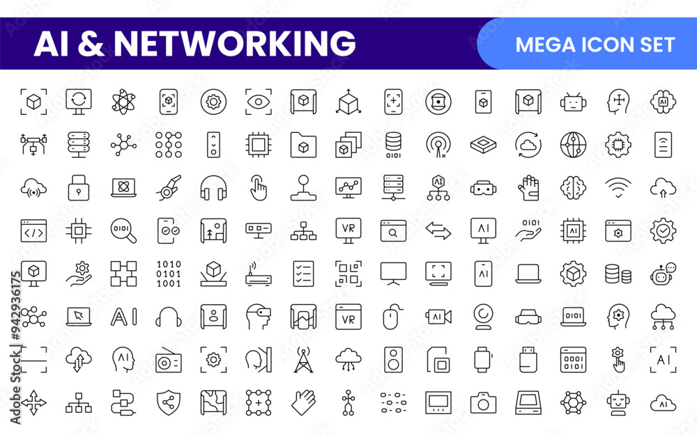 Artificial intelligence and Networking technology icon set. AI and networking editable line icon illustration. Artificial intelligence and Networking technology icon set. AI and networking editable line icon illustration.