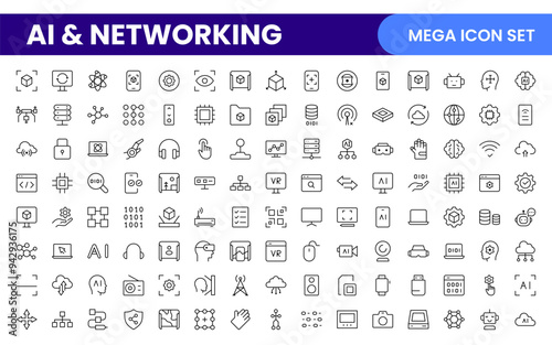 Artificial intelligence and Networking technology icon set. AI and networking editable line icon illustration.