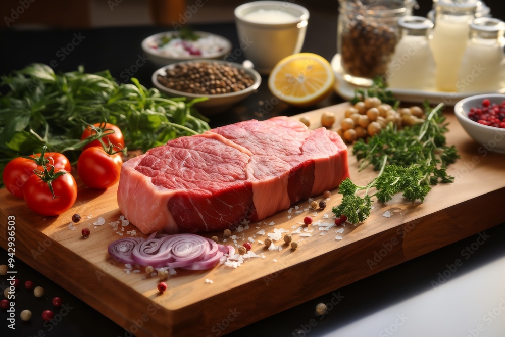 raw meat and vegetables and herbs on a wooden board, delicious food raw meat and vegetables and herbs on a wooden board, delicious food