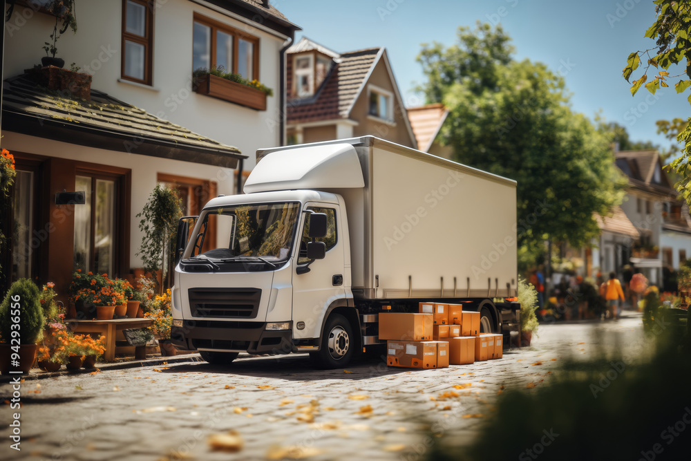 truck and boxes near the house, unloading and moving to another house truck and boxes near the house, unloading and moving to another house
