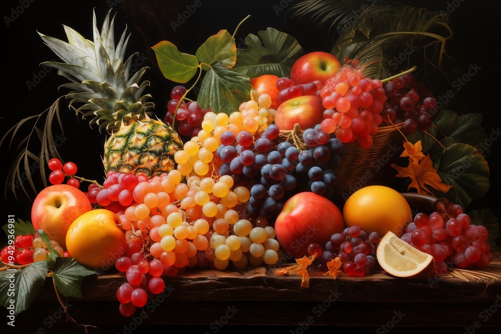 still life with bunches of grapes, berries and fresh and juicy fruits against a dark old wooden background, rural vintage style, the concept of fresh and healthy food still life with bunches of grapes, berries and fresh and juicy fruits against a dark old wooden background, rural vintage style, the concept of fresh and healthy food