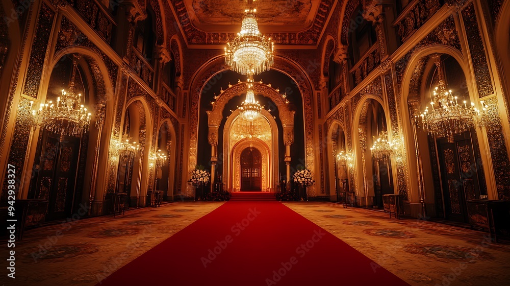 Elegant Hall with Red Carpet and Ornate Details, Illuminated by Gleaming Chandeliers for a Grand Ceremony Elegant Hall with Red Carpet and Ornate Details, Illuminated by Gleaming Chandeliers for a Grand Ceremony
