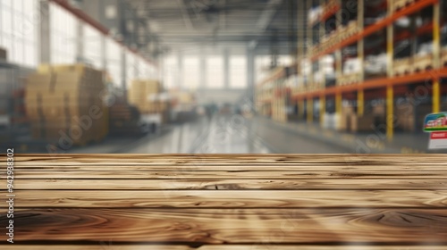 UHD 4K clarity enhances the sharp focus of the wood table paired with the soft blur of the warehouse environment.