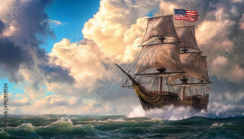A Tall Ship Sailing Through Rough Seas With An American Flag Flying