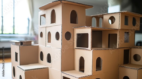cardboard box fort with multiple rooms and windows