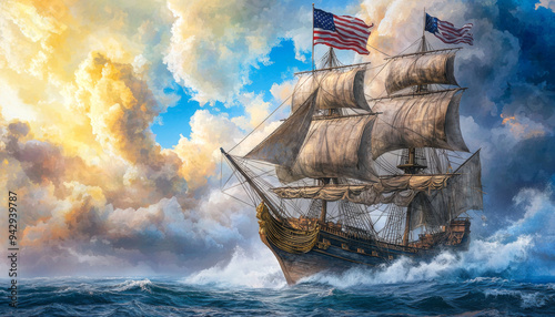 American Tall Ship Sailing Through Stormy Seas