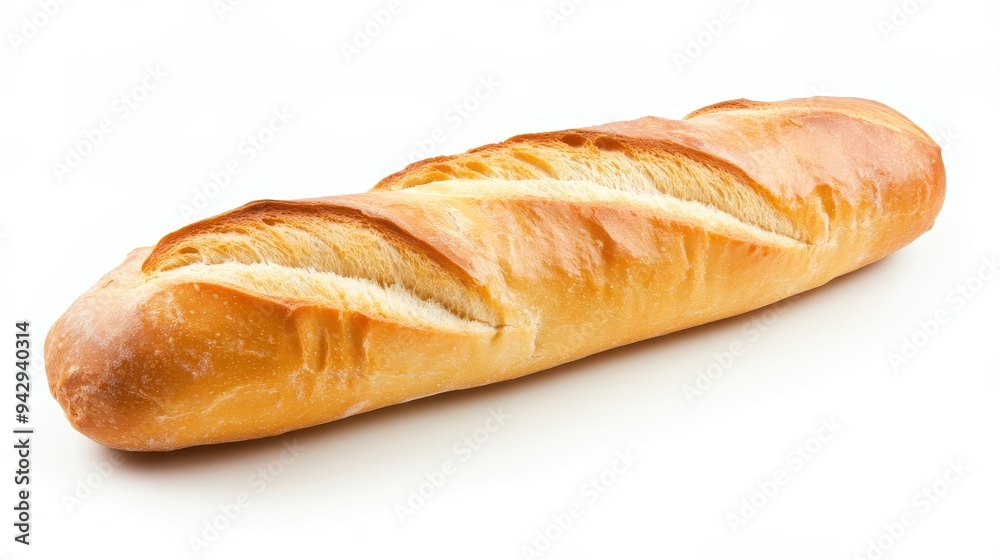 A long, crusty bread loaf sits on a white background. The bread is golden brown and has a slightly crispy texture A long, crusty bread loaf sits on a white background. The bread is golden brown and has a slightly crispy texture
