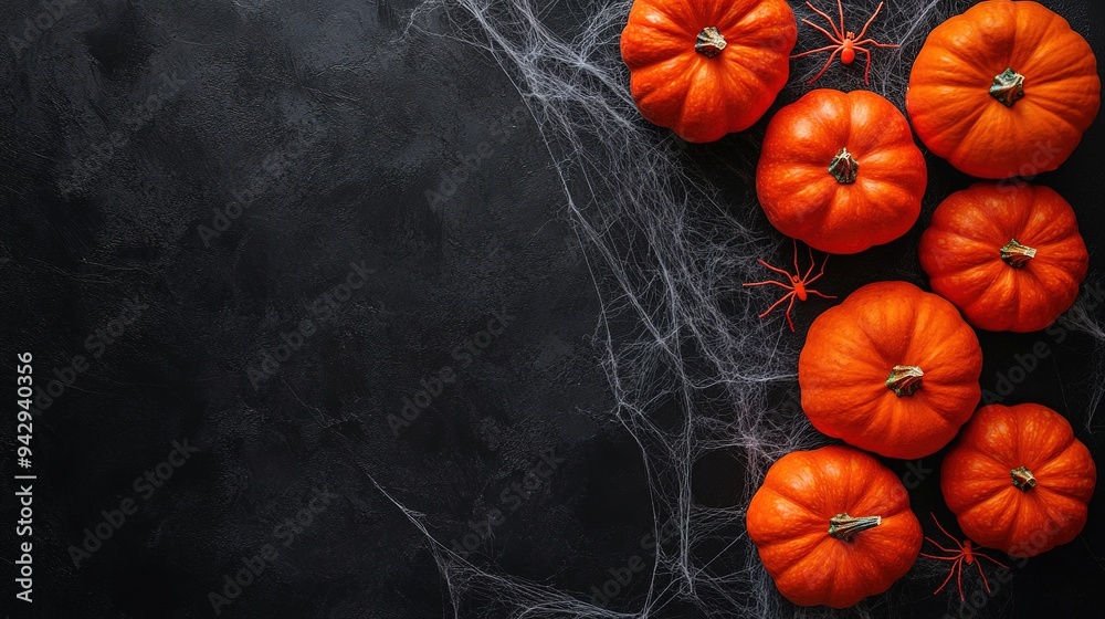 Happy halloween flat lay mockup with pumpkins and spider web on black background. Autumn holiday concept composition. Top view with copy space. Happy halloween flat lay mockup with pumpkins and spider web on black background. Autumn holiday concept composition. Top view with copy space.